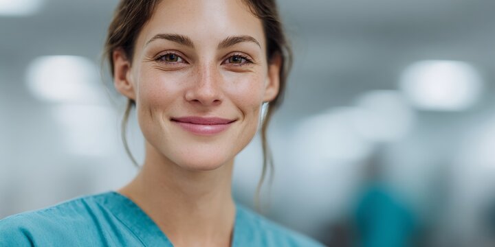 Woman with a smile on her face is wearing a blue scrubs - Powered by Adobe