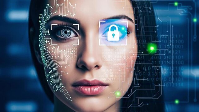 AI Biometric Technology on a woman's face representing security and innovation.