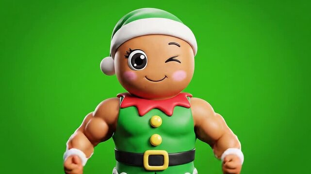 Muscular Gingerbread Elf Character Flexing Biceps with Festive Green Hat and Red Trim Outfit on Solid Green Background 3D Render