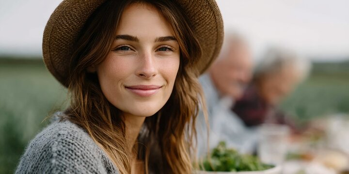 Woman wearing a straw hat and smiling - Powered by Adobe