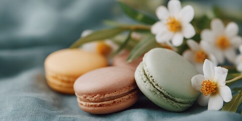 Three different colored macarons are arranged on a blue cloth