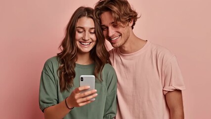 A happy young couple smiling and looking at a smartphone together. - Powered by Adobe