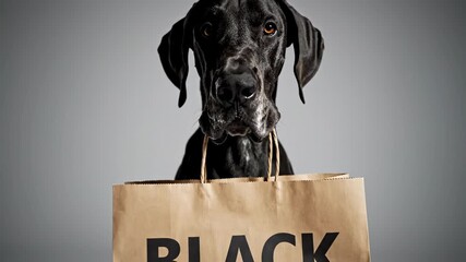 Serious black great dane dog holding a brown paper shopping bag with black text reading black friday in its mouth against a gray background