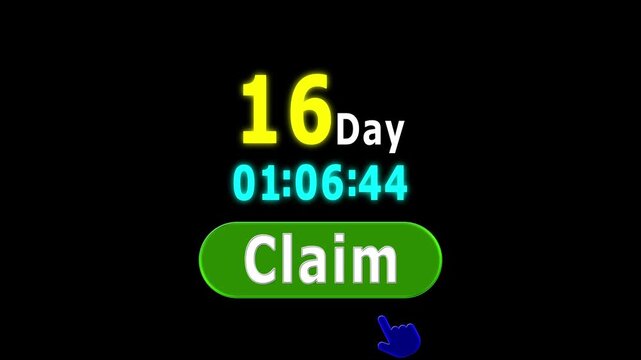 Offer! 16 day timer with countdown claim button click to hand pointing Get now best offer on black background.	
