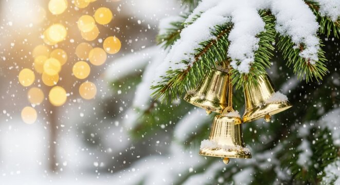 Golden bells on a snowy pine branch with bokeh