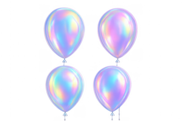 Holographic iridescent balloons floating for party celebration on transparent background