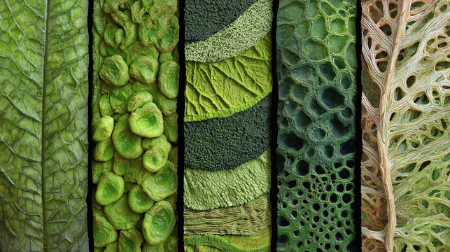 A close-up display of various textures and patterns, showcasing a diverse range of plant life in shades of green