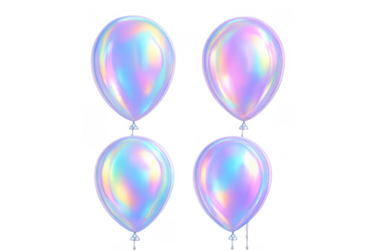 Holographic iridescent balloons floating for party celebration on transparent background