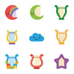 Cartoon lyre musical instruments and cloud icons on dark background
