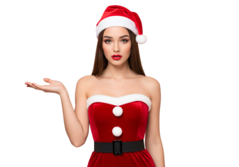 Beautiful young woman wearing a red santa claus costume and hat presenting or gesturing with open hand isolated on transparent background for christmas holiday concept
