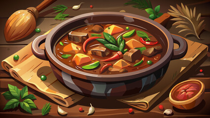 Warm and comforting beef stew in a rustic bowl, photographed close-up on a wooden tabletop. Deep colors, tender ingredients, and rich texture ideal for recipe books, menu design, and food advertising
