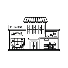Line Art Restaurant Building Icon with Dining Room and Kitchen Interior