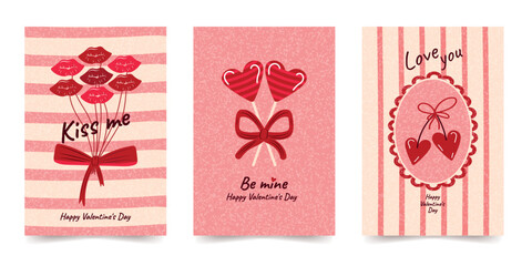 A set of Valentine's Day greeting cards featuring a bouquet of kisses, hearts, bows, and ribbons in a hand-drawn style with a grainy texture for a romantic occasion. Vector design.