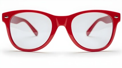 A pair of bold red eyeglasses with a classic frame, representing clear vision, intellectual style, and fashion, isolated on a white background