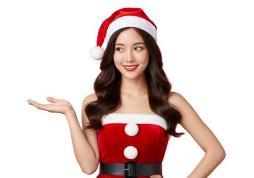 Beautiful young asian woman wearing sexy santa claus costume and hat presenting or holding something with open hand isolated on transparent background for christmas holiday promotion - Powered by Adobe