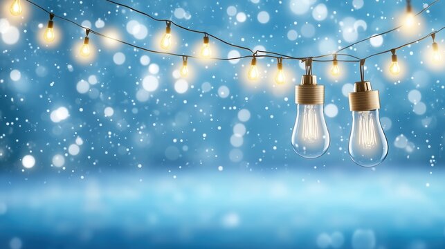 Decorative string lights with bokeh and snowflakes on a cool blue background