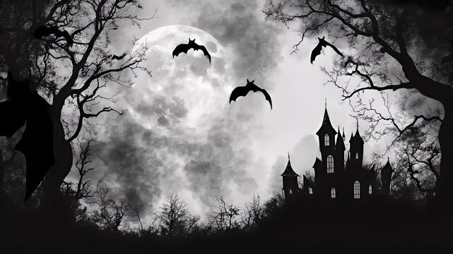 Halloween holiday promotion theme. Spooky scaring. A monochromatic, atmospheric depiction of a haunting castle set against a backdrop of a large, looming moon.
