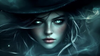 Halloween holiday promotion theme. Spooky scaring. A digital artwork portraying a woman with striking blue eyes and flowing white hair. She wears a dark hat and has a serene expression.