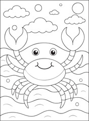 Smiling cartoon crab in wavy water with clouds, a delightful line art coloring page for kids' creative play
