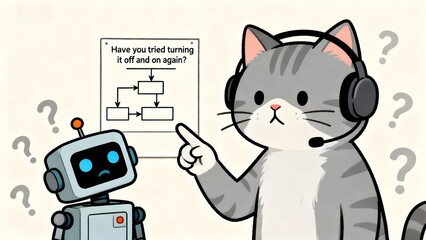 Cat programmer giving classic tech support advice to a robot. Humorous take on IT helpdesk, troubleshooting, and customer service.