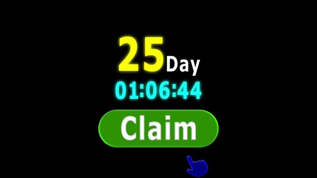 Offer! 25 day timer with countdown claim button click to hand pointing Get now best offer on black background.	
