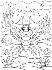 Happy cartoon crawfish underwater with seaweed and bubbles. ideal outline for kids coloring page.