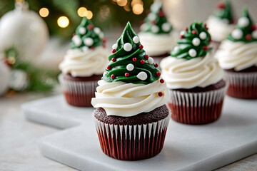 chocolate christmas cupcakes topped with white vanilla buttercream and a green frosting christmas tree decoration with sprinkles sit on a marble board. homemade festive holiday baking concept