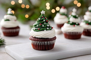 chocolate christmas cupcakes topped with white vanilla buttercream and a green frosting christmas tree decoration with sprinkles sit on a marble board. homemade festive holiday baking concept