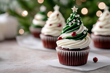 chocolate cupcakes with vanilla buttercream and a green glitter frosting christmas tree decoration topped with a star on a white board. festive holiday baking for new year celebration
