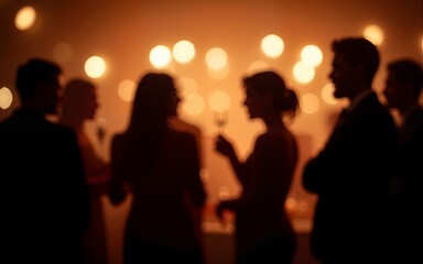 Intimate gathering with blurred silhouettes and bokeh lights creates an enigmatic and sociable atmosphere for special occasion and celebration. High quality
