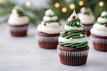 chocolate cupcakes topped with white vanilla buttercream swirls and green christmas tree decorations with white star sprinkles on a marble board. festive homemade holiday baking concept