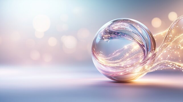 Abstract clear sphere with glowing light trails and soft bokeh background