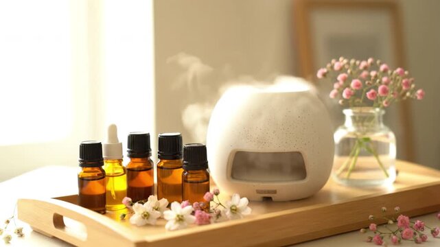 Aromatherapy essential oil diffuser releasing steam on wooden tray with ceramic design, surrounded by delicate pink and white flowers creating calming and cozy atmosphere in soft light