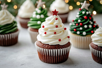 several chocolate cupcakes topped with white and green buttercream, red and white sprinkles, and star decorations are arranged on a light surface. festive variety of christmas dessert baking