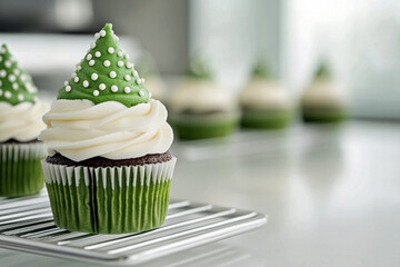 Close-up of a festive chocolate christmas tree cupcake with green frosting and white sugar pearls on a cooling rack against a blurred kitchen background. Perfect concept for holiday baking and dessert