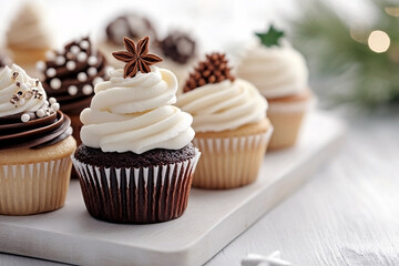 Close-up of gourmet chocolate and vanilla cupcakes with cream frosting and festive toppings, including star anise, on a white board with blurred christmas background. Warm and cozy holiday baking atmo
