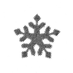 Macro halftone print of a stylized snowflake rendered with dense diagonal-line shading on a transparent background.
