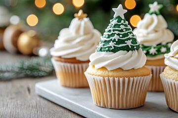 Vanilla christmas cupcakes with white and green frosting, featuring a tree design with a star on a grey board and wooden table. Festive food concept with warm bokeh lights