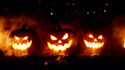 Halloween holiday promotion theme. Spooky scaring. A Halloweenthemed wallpaper featuring a group of carved pumpkins amidst a fiery backdrop. The pumpkins are illuminated from within, casting a warm. - Powered by Adobe