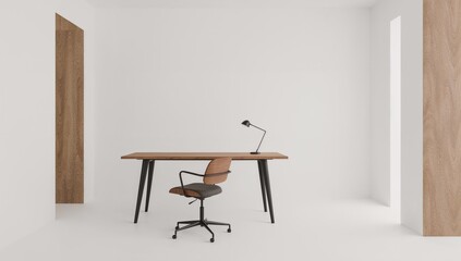 Fototapeta premium Minimalist modern office interior featuring a sleek wooden desk and a single ergonomic chair in a bright, neutral-toned room