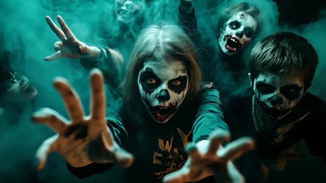 Halloween holiday promotion theme. Spooky scaring. A horrorthemed wallpaper featuring a group of children with zombie makeup, set against a dark, smoky backdrop. The children are in various poses.