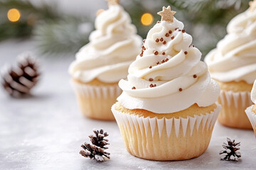 Vanilla christmas cupcake with white frosting, gold star cookie, and chocolate sprinkles, placed with mini pinecones and green branches. Cozy and elegant winter holiday concept