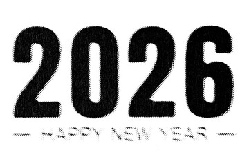 Macro halftone print of bold 2026 digits with a faint HAPPY NEW YEAR line beneath, rendered in dense diagonal shading on a transparent background.