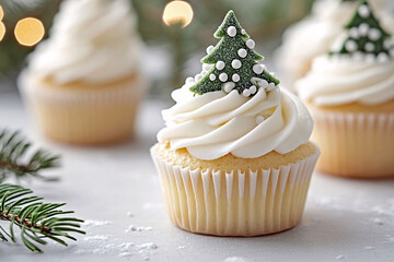 Vanilla christmas cupcake with white frosting, topped with a green tree cutout and white sugar pearls on a snowy surface with pine branches. Cozy and bright holiday food concept