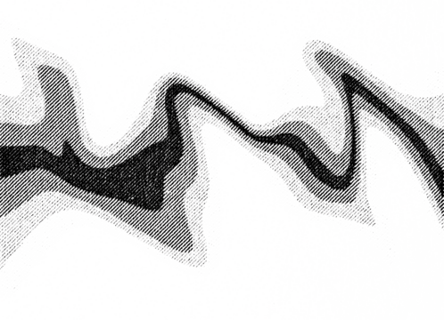Macro halftone print showing heavily warped, wavy black lines with layered gradients on a transparent background. Soft focus suggests an abstract mountain ridge or distant storm front in small preview
