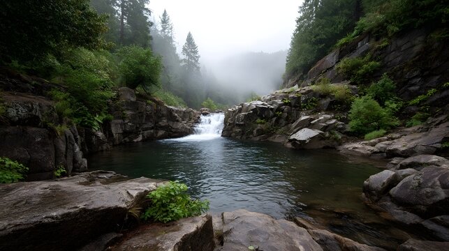 A serene waterfall cascades into a dark pool surrounded by mossy rocks and misty forest cliffs under an overcast sky - Powered by Adobe