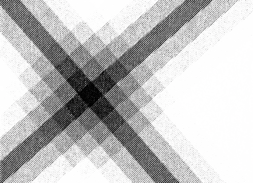 Macro halftone print of overlapping diagonal stripes forming a bold X-shape, created with dense black dot patterns on a transparent background.