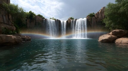 Fototapeta premium Cascading waterfall with a vibrant rainbow over a serene pool