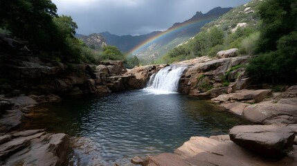 A powerful waterfall cascades into a tranquil pool beneath a dramatic rainbow in a mountainous landscape