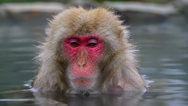 Japanese Macaque Enjoying a Hot Spring Bath in Winter.